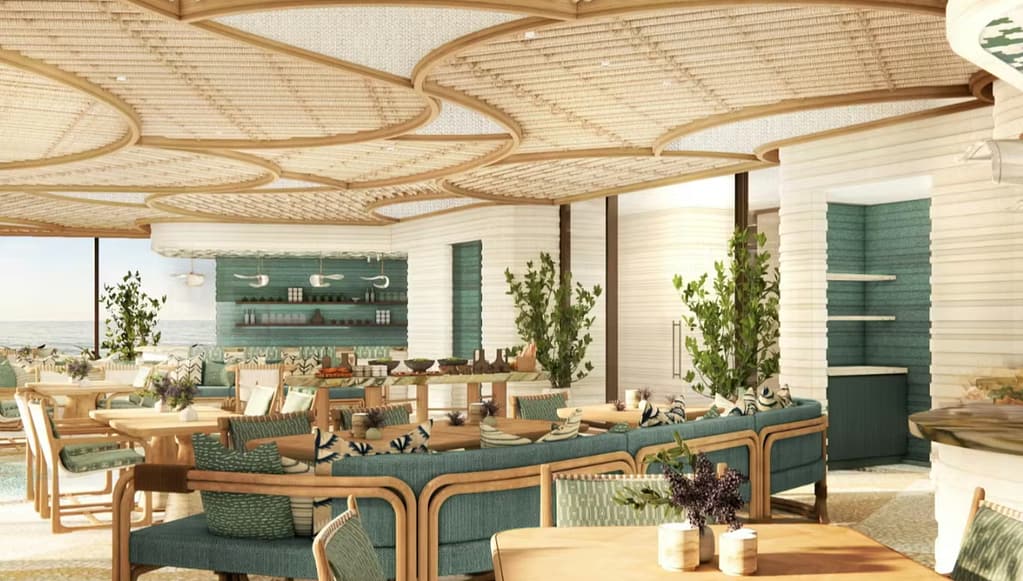 Signature Dining Experience im Nammos Resort AMAALA mit offenem Restaurantdesign und Blick auf das Rote Meer