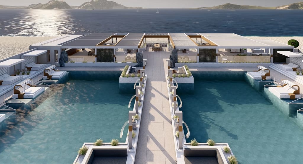 Modernes Spa- und Poolareal des 5* DICOSTA seaside Hotel & Spa auf Kos mit direkter Meerlage und Steg über Wasserbecken