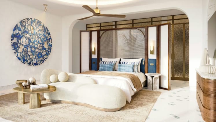 Schlafzimmer der Cliff Villa im Nammos Resort AMAALA mit elegantem Design und Meerblick-Atmosphäre