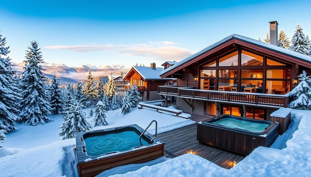 Eine ruhige Winterlandschaft mit dem "Wellnesshotel Schwarzwald", eingebettet zwischen schneebedeckten Kiefern. Das Hotel besticht durch eine gemütliche Chalet-Architektur, große Panoramafenster, die vor Wärme beschlagen, einladende Außen-Whirlpools, umgeben von Schneewehen, sanftem, goldenem Licht, das aus dem Inneren strömt, und einem weiten Blick auf verschneite Berge unter einem klaren blauen Himmel.