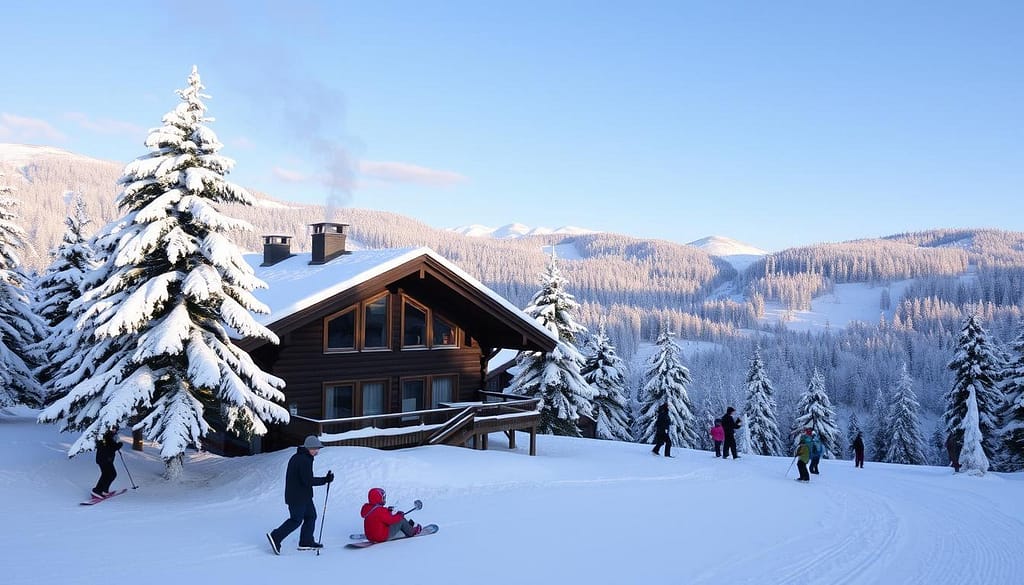 Eine friedliche Winterlandschaft im Schwarzwald mit schneebedeckten Kiefern und sanften Hügeln, auf denen Menschen verschiedene Wintersportarten wie Skifahren, Snowboarden und Rodeln ausüben. Ein gemütliches Holzchalet mit Rauch, der aus dem Schornstein aufsteigt, ist von einer frischen Schneedecke umgeben, während ein klarer blauer Himmel die Szenerie überdacht. Die Szene fängt die Magie der Winteraktivitäten in einer malerischen Umgebung ein.