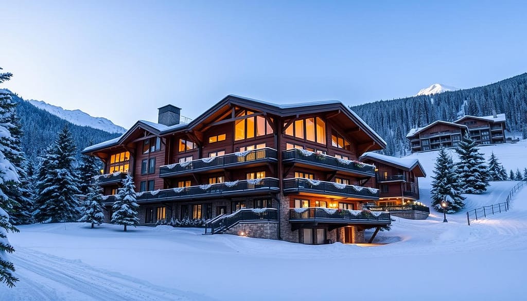 Ein gemütliches Chalet, eingebettet in eine verschneite Landschaft von Laax, umgeben von Kiefern und schneebedeckten Bergen. Es zeigt ein luxuriöses Hotel mit moderner Architektur, rustikalen Holzelementen und warmem Licht, daneben charmante Ferienwohnungen mit Balkonen, geschmückt mit winterlicher Dekoration, alles unter einem klaren blauen Himmel.