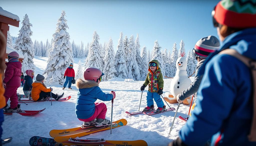 Eine gemütliche Szenerie in einem Skigebiet, erfüllt von Kindern, die winterliche Aktivitäten genießen. Buntes Skiequipment ist verstreut, ein fröhlicher Skilehrer führt junge Skifahrer auf einer sanften Piste an. Im Hintergrund schneebedeckte Bäume, ein spielerischer Schneemann in der Nähe, strahlend blauer Himmel und farbenfrohe Winterkleidung runden die lebendige Atmosphäre ab.