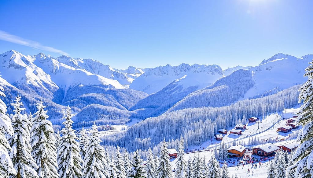 Eine atemberaubende Winterwunderland-Szenerie des Skigebiets Laax in Graubünden: schneebedeckte Alpenberge, malerische Kiefern, die von frischem Pulverschnee bedeckt sind, lebhafte Skipisten voller bunter Wintersportler und ein klarer blauer Himmel darüber – all das fängt die Essenz eines aufregenden Winterurlaubs ein.