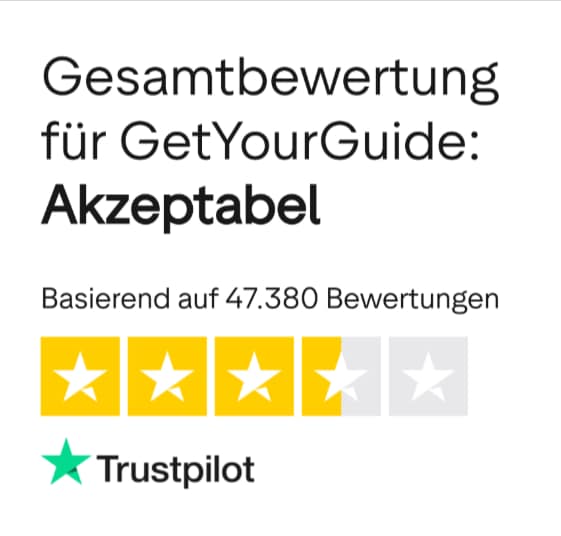 Gesamtbewertung für GetYourGuide auf Trustpilot mit der Bewertung „Akzeptabel“ basierend auf über 47.000 Rezensionen